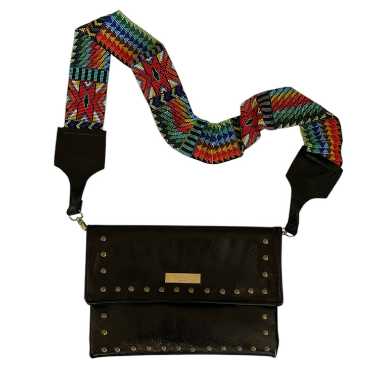 Black Leather Crossbody with Beaded Strap