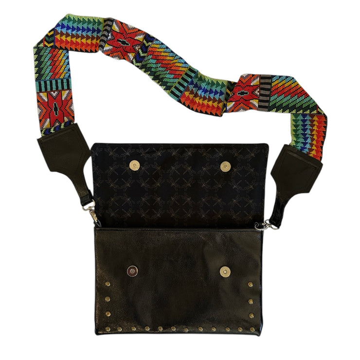 Black Leather Crossbody with Beaded Strap