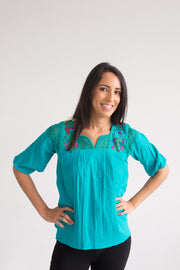 Women's Turquoise Luisa Blouse with Floral Embroidery (One Size)